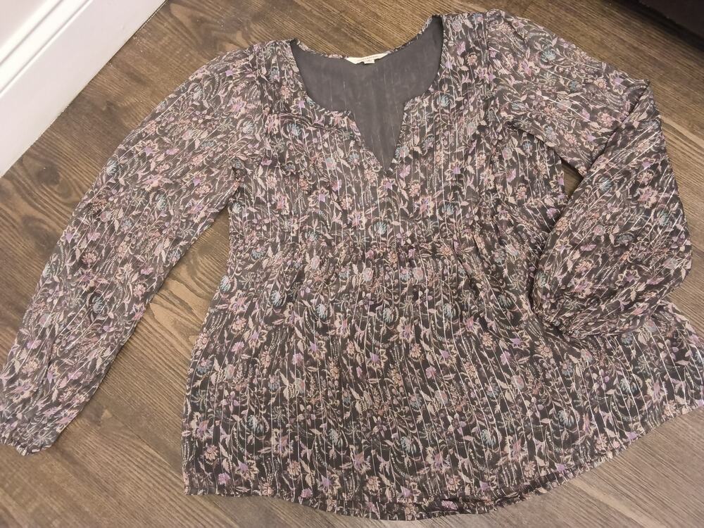 Lucky Brand Boho Peasant Babydoll Top Gray Silver Multicolor Floral Fairy